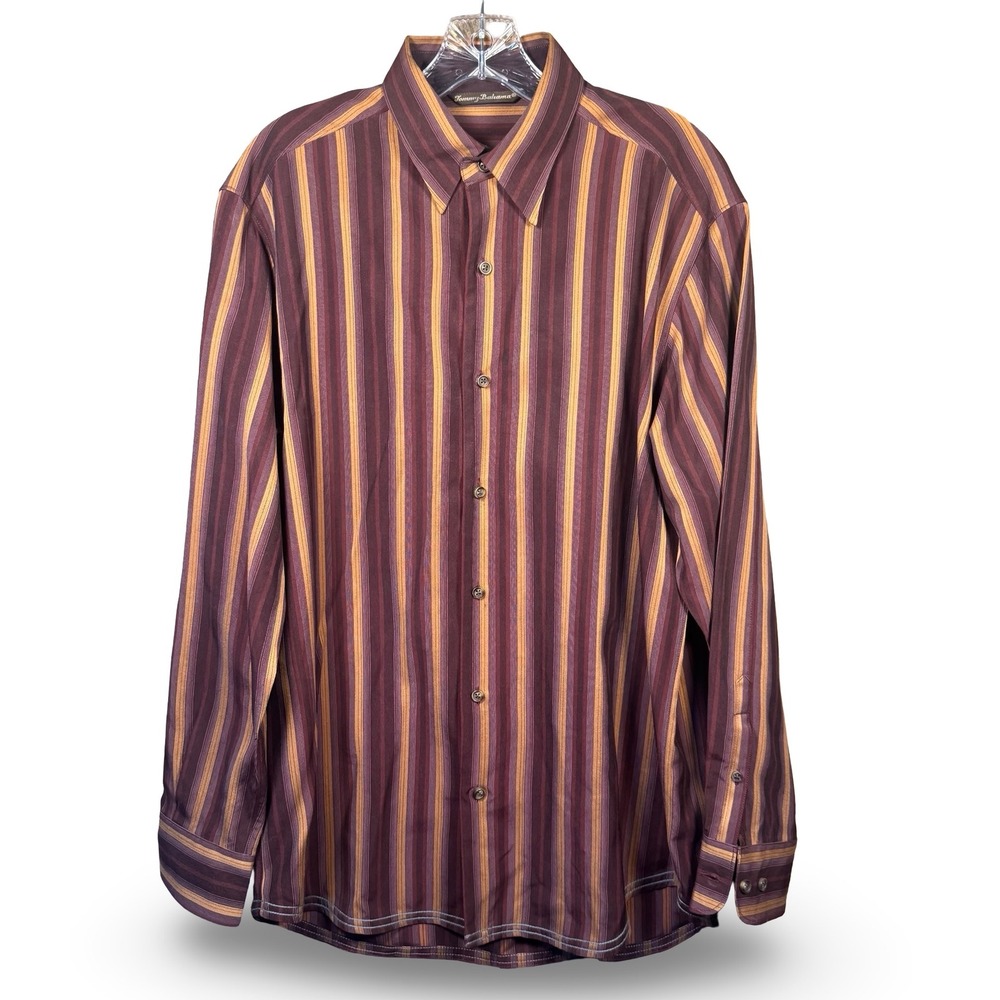 Tommy Bahama Mens Small Brown Silk Wool Striped Long Sleeve Button Down Shirt